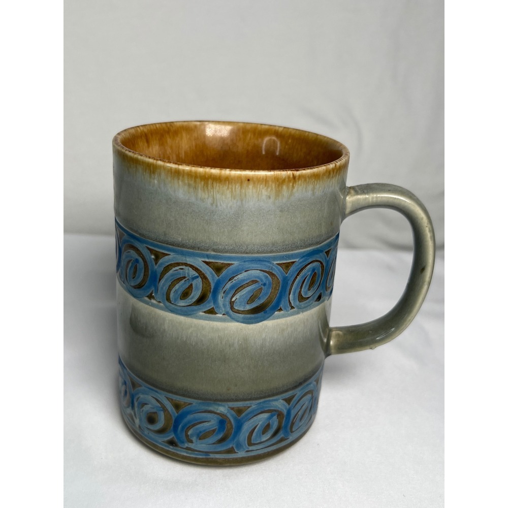 Vintage Japan Stoneware Coffee Mug Unisex OS Grey Blue Swirl Excellent